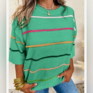 Green Striped Women's Crew Neck Sweater